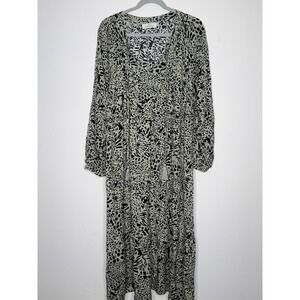 Alluv Place Women XL Sage Green Black Animal Print Tassel Maxi Dress Cottagecore